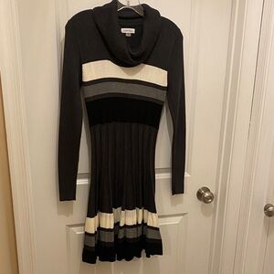 Calvin Klein Black, White & Gray Long Sleeve Sweater Dress